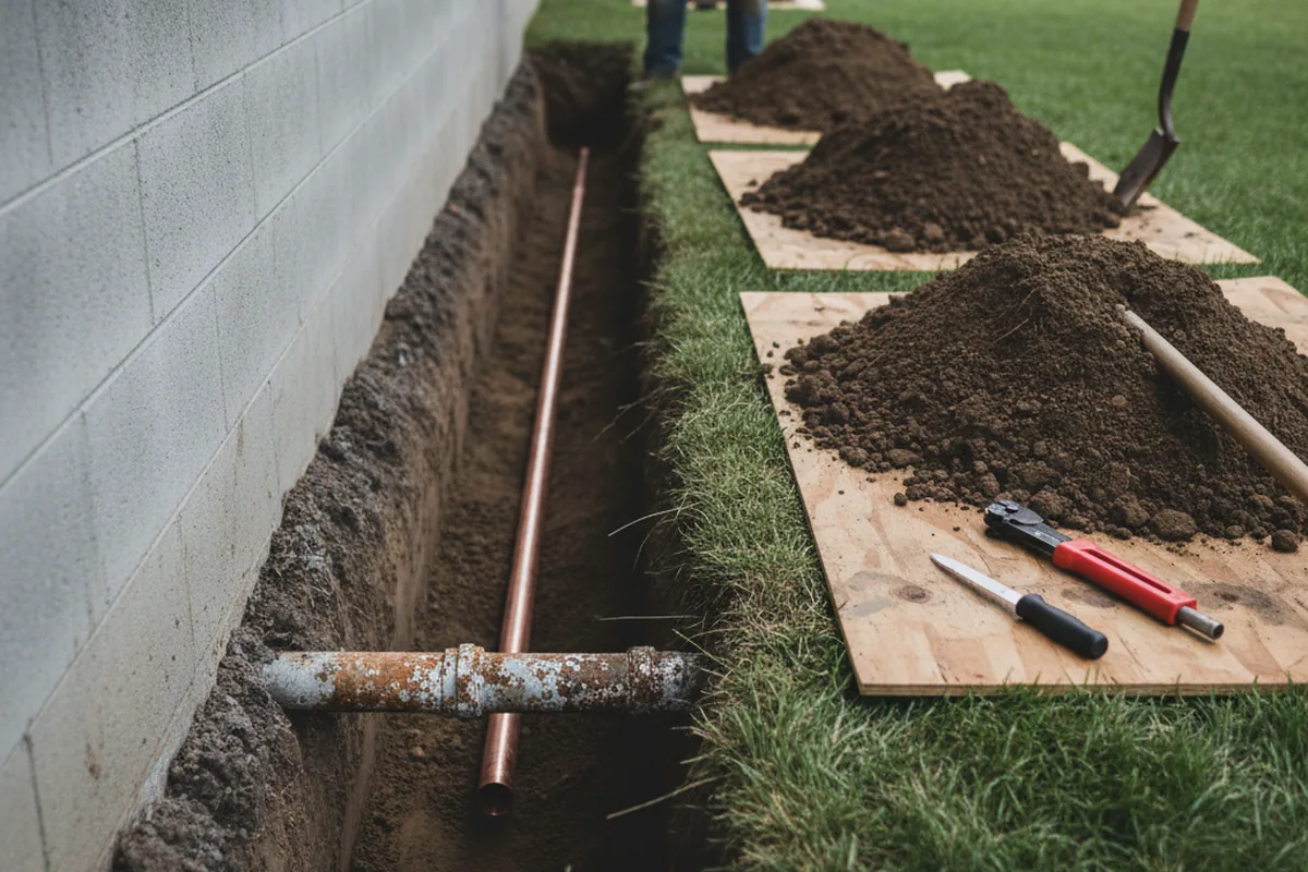 Excavated water line trench during Water Softener Installation in Penwell